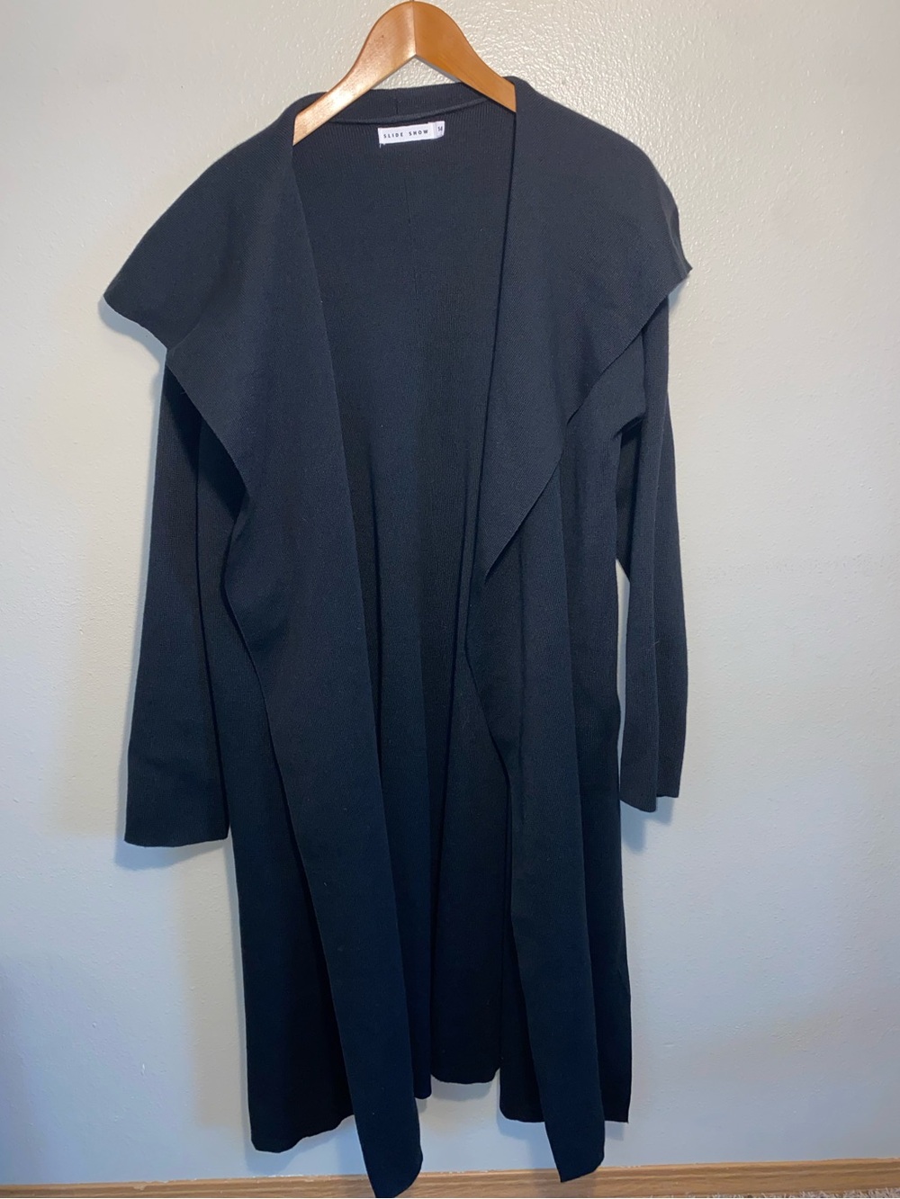 Slide Show Black Open Front Draped Duster Cardigan Jacket Pockets Side Slits 14